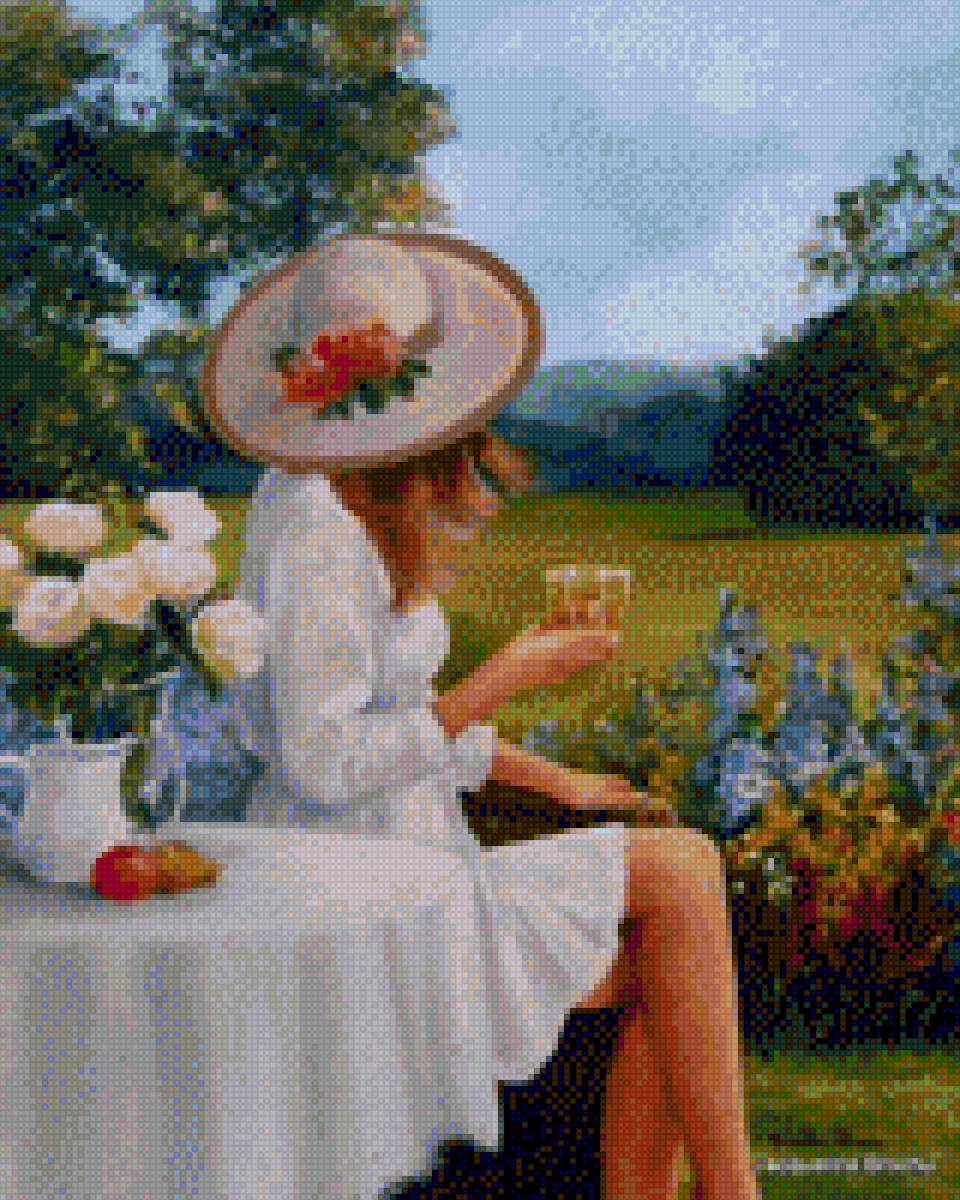 Завтрак на природе - девушка шляпа цветы - предпросмотр