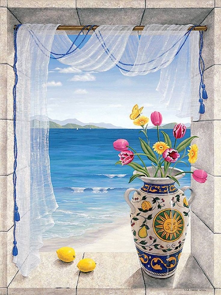 Вид из окна - ваза цветы море окно - оригинал