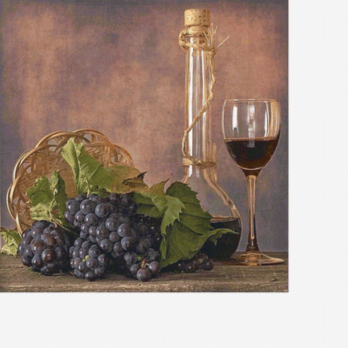 Вино и виноград - бокал, вино, бутылка, корзина, виноград, натюрморт - предпросмотр