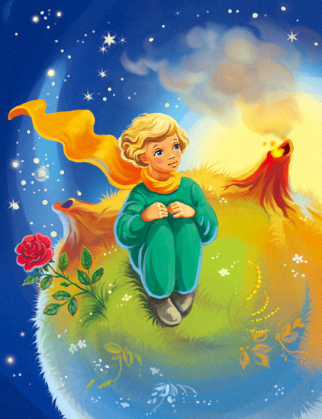 Маленький принц - принц, шарф, роза, малыш, небо, луна, вулкан - оригинал