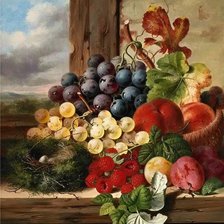 Схема вышивки «ЭДВАРД ЛАДЕЛЛ.НАТЮРМОРТ С ФРУКТАМИ,МАЛИНОЙ И ГНЕЗДОМ»