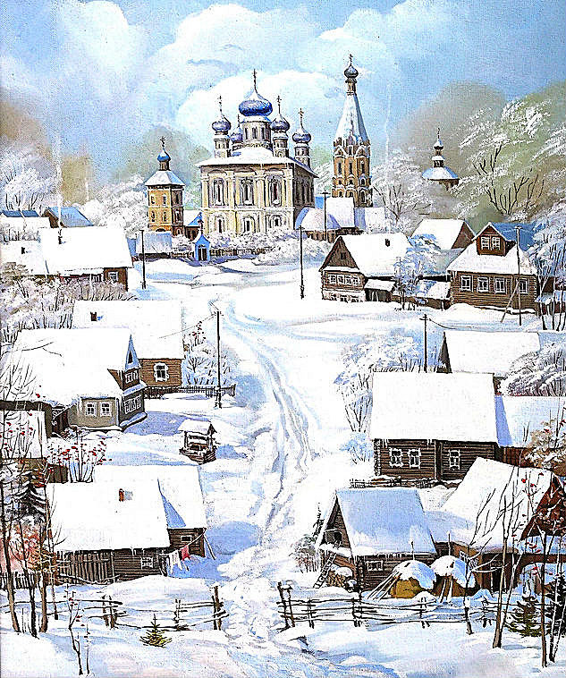 Зимний пейзаж - деревня, церковь, дома, снег - оригинал