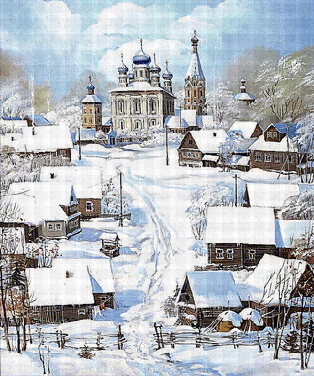 Зимний пейзаж - церковь, дома, деревня, снег - предпросмотр