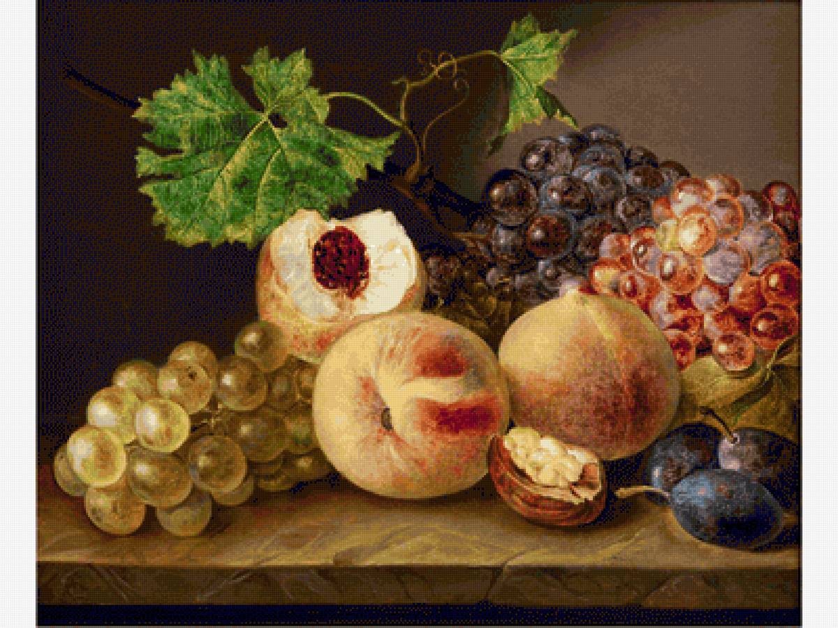 ФРАНЦ КСАВЬЕР ПЕТТЕР. НАТЮРМОРТ С ВИНОГРАДОМ И ПЕРСИКАМИ - натюрморт, фрукты - предпросмотр