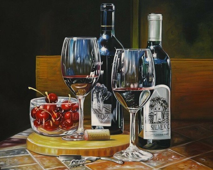 Натюрморт - натюрморт, штопор, вишня, бокал, бутылка, вино - оригинал
