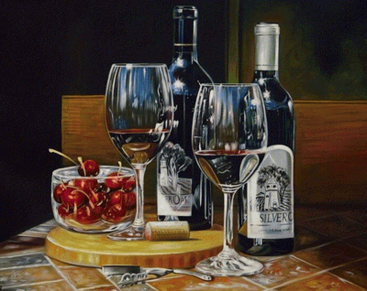 Натюрморт - штопор, бокал, вишня, бутылка, натюрморт, вино - предпросмотр