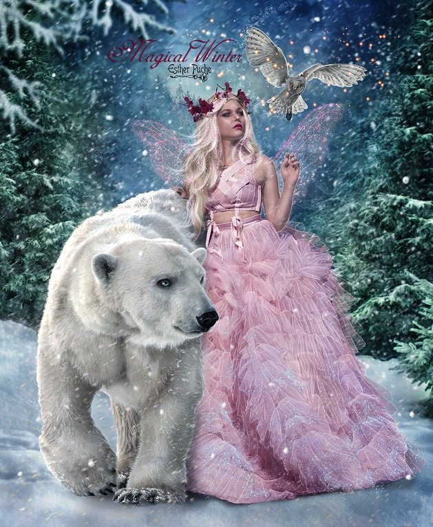 Фея и белый медведь - фея, сова, белый медведь, зима - оригинал