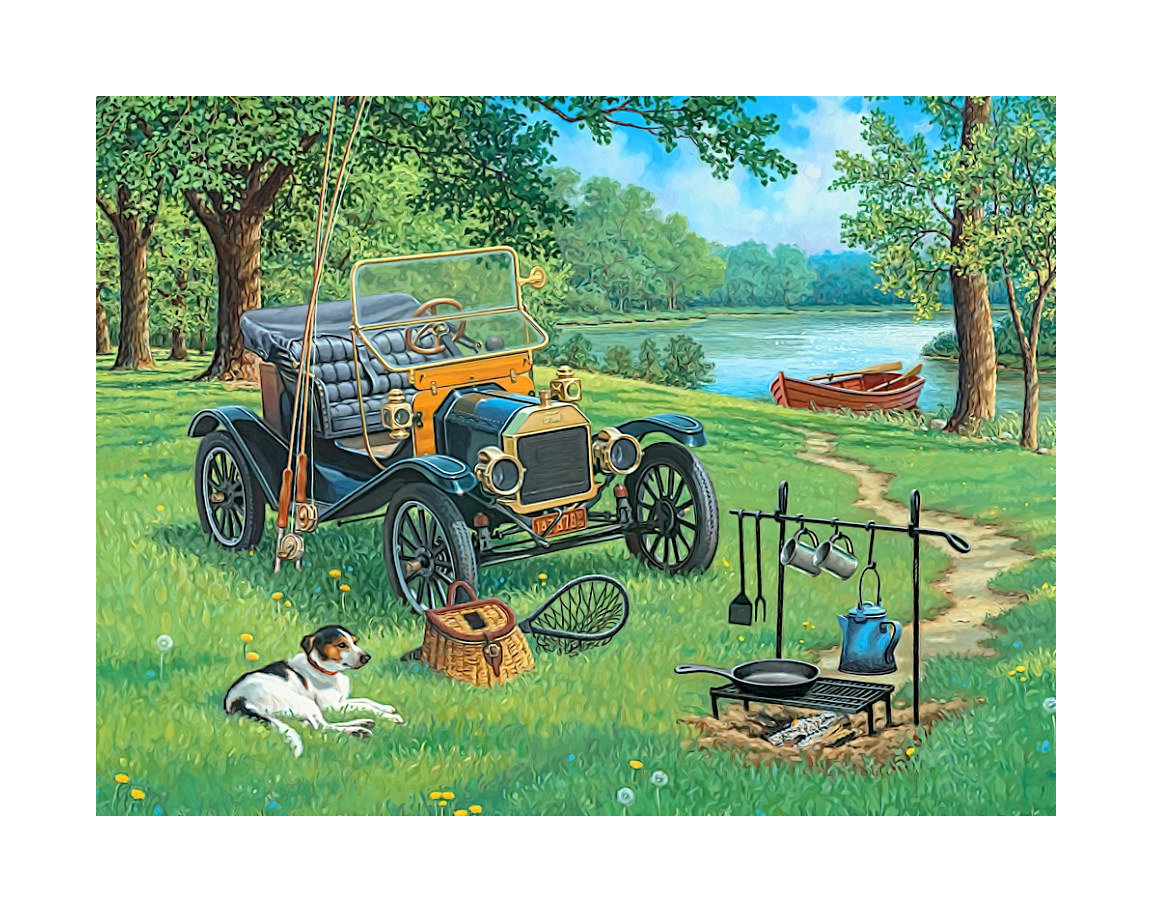 №2183865 - собачка, пикник, удочка, деревья, лодка, машина, река - оригинал