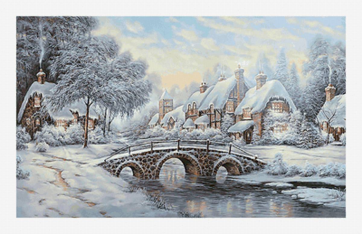 Зимушка-зима. - мост, живопись, пейзаж, снег, река, домики, зима - предпросмотр