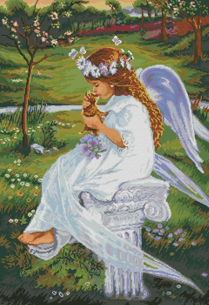 Ангел с котенком - колонна, трава, девочка, деревья, ручей - оригинал