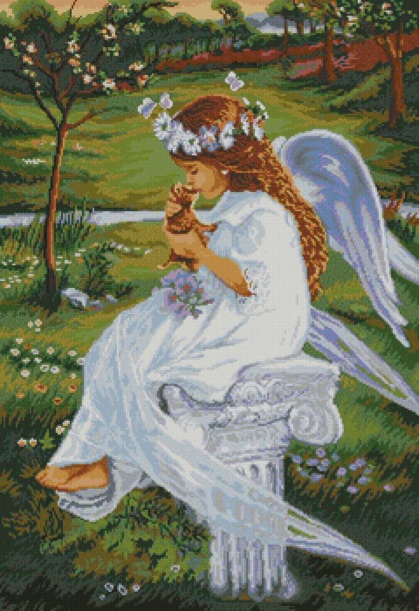Ангел с котенком - деревья, девочка, трава, колонна, ручей - предпросмотр