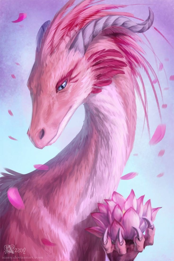 Драконица с лотосом - драконы, розовый, фэнтези, лотос - оригинал