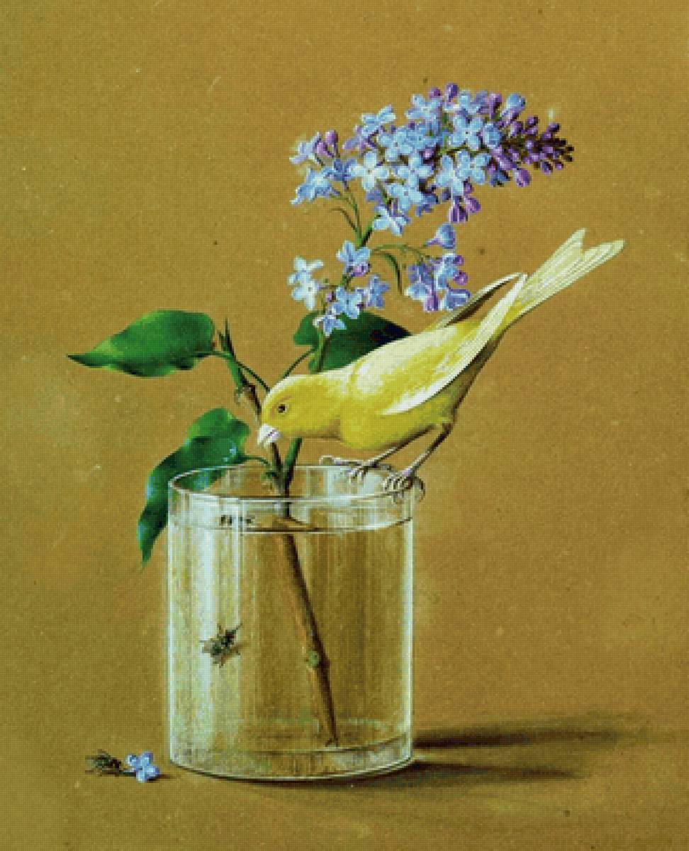 Фёдор Толстой. Ветка сирени и канарейка - канарейка, ваза, сирень, живопись, натюрморт, птичка - предпросмотр