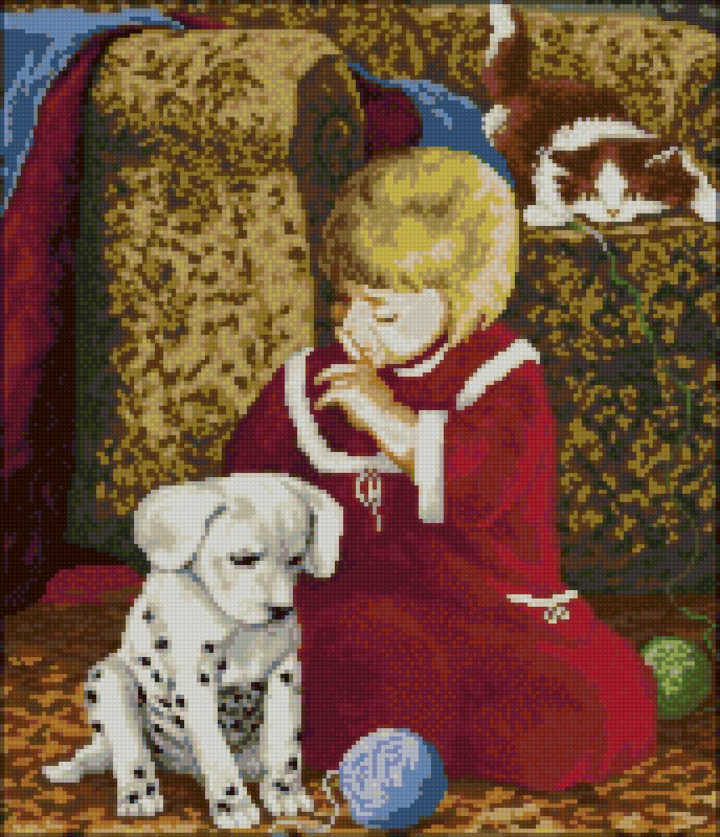 В детской - щенок, девочка, диван, клубки шерсти, котенок - предпросмотр