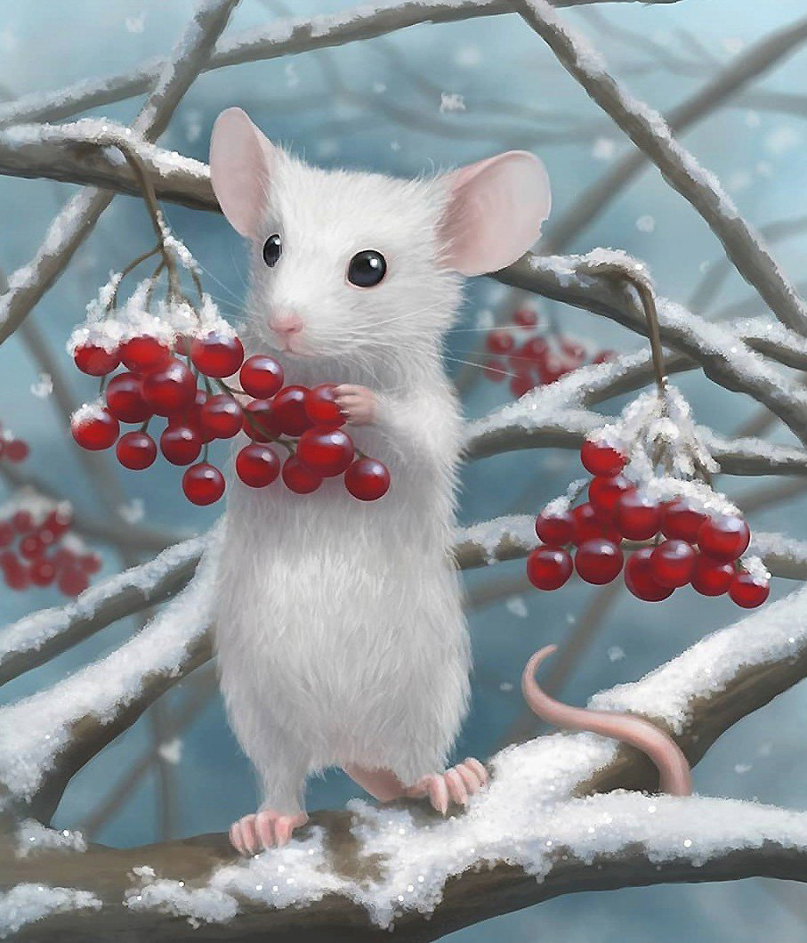 Мышонок на рябине - рябина, мышь, зима - оригинал