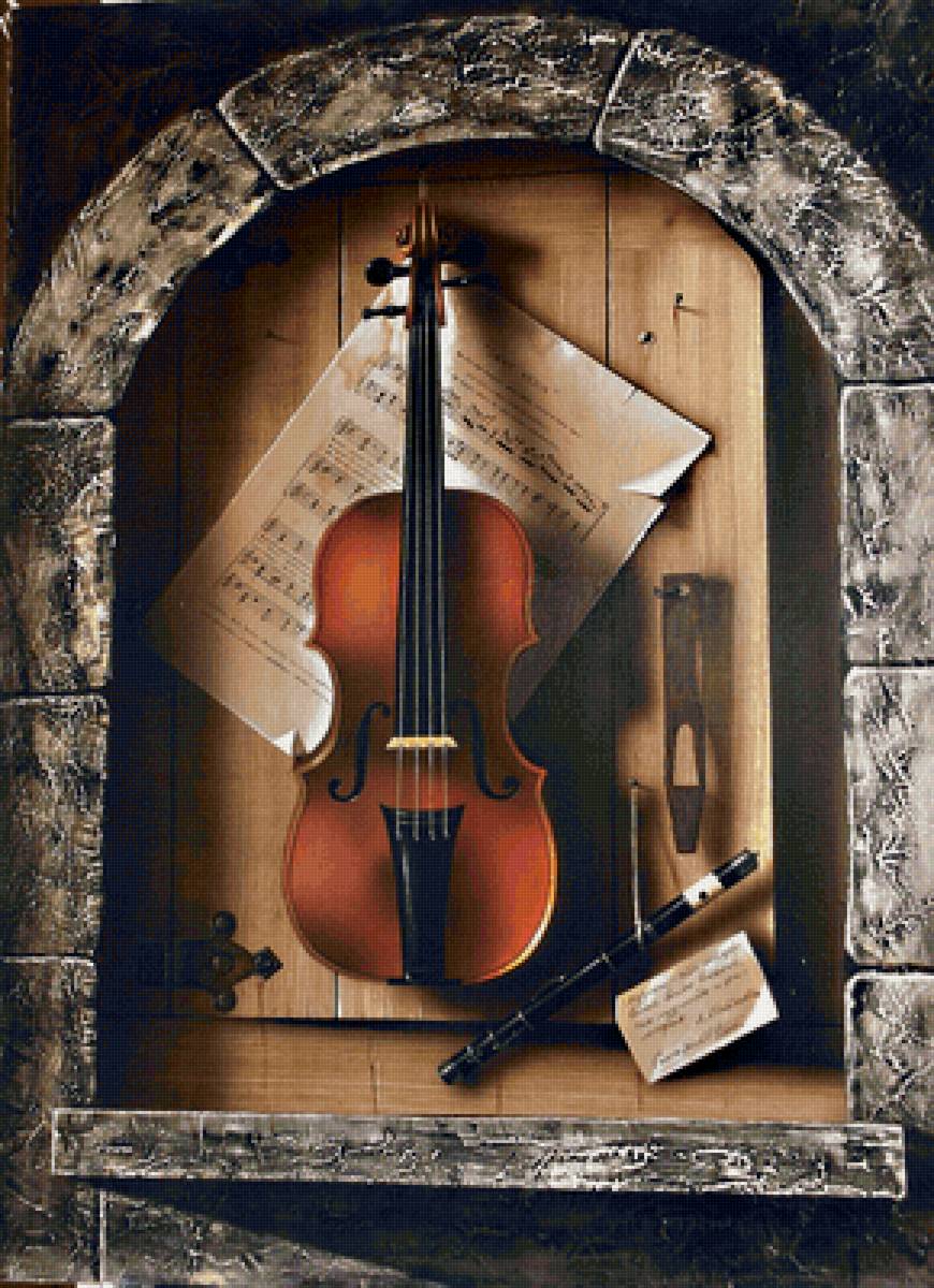 Натюрморт со скрипкой - ноты, натюрморт-обманка, скрипка, натюрморт - предпросмотр