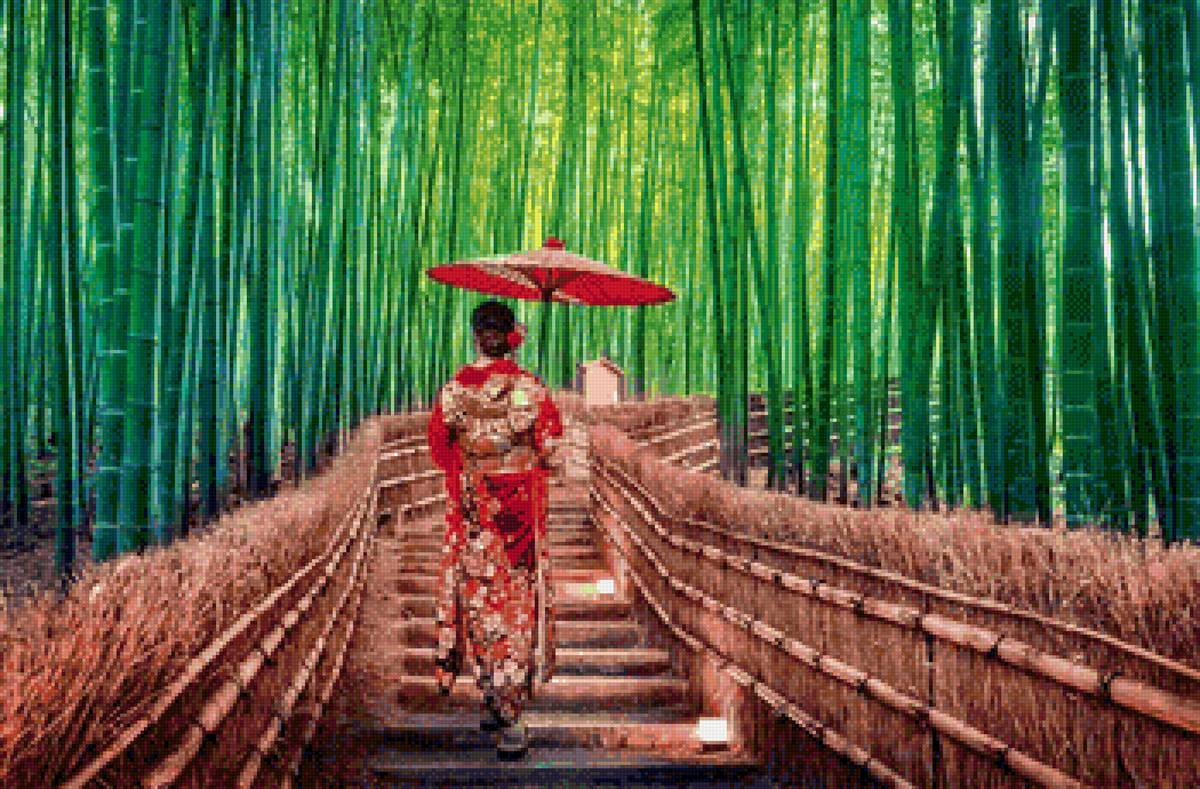 В бамбуковой роще - лестница, япония, зонтик, девушка, бамбук, кимоно - предпросмотр