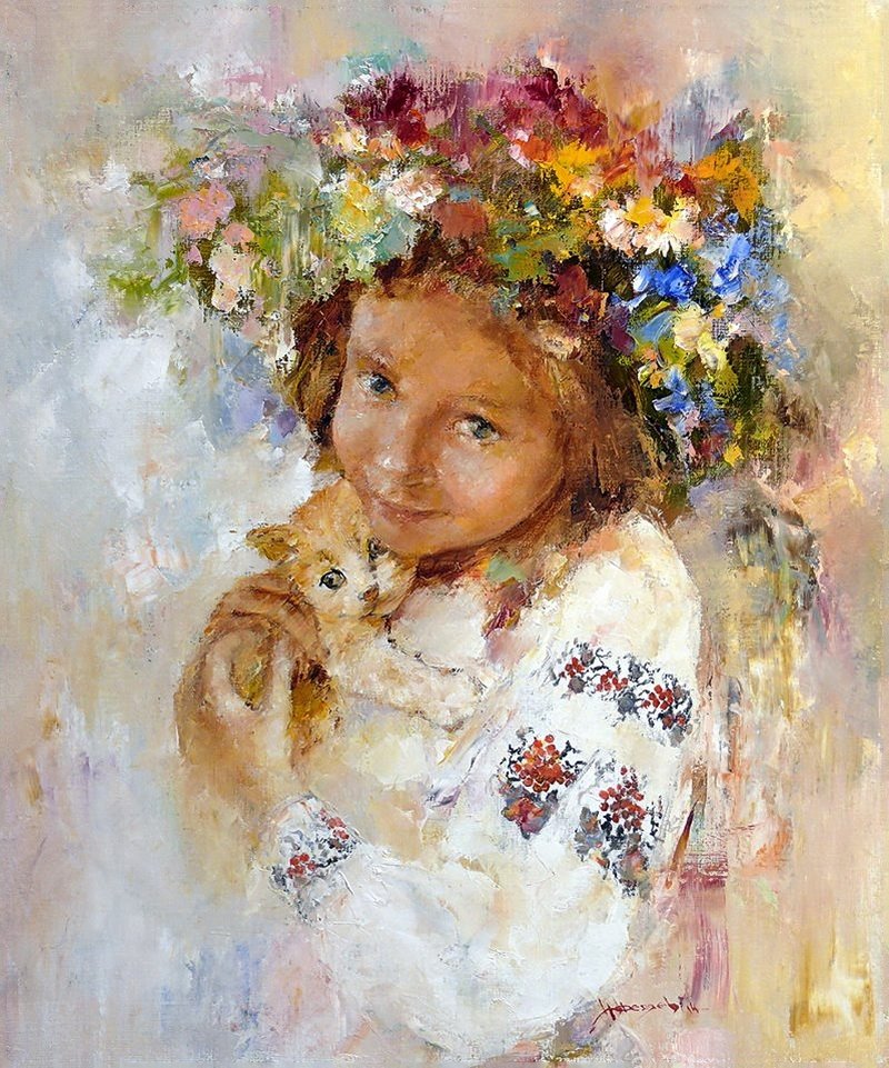 Тихое утро - девочка, котенок, цветы - оригинал