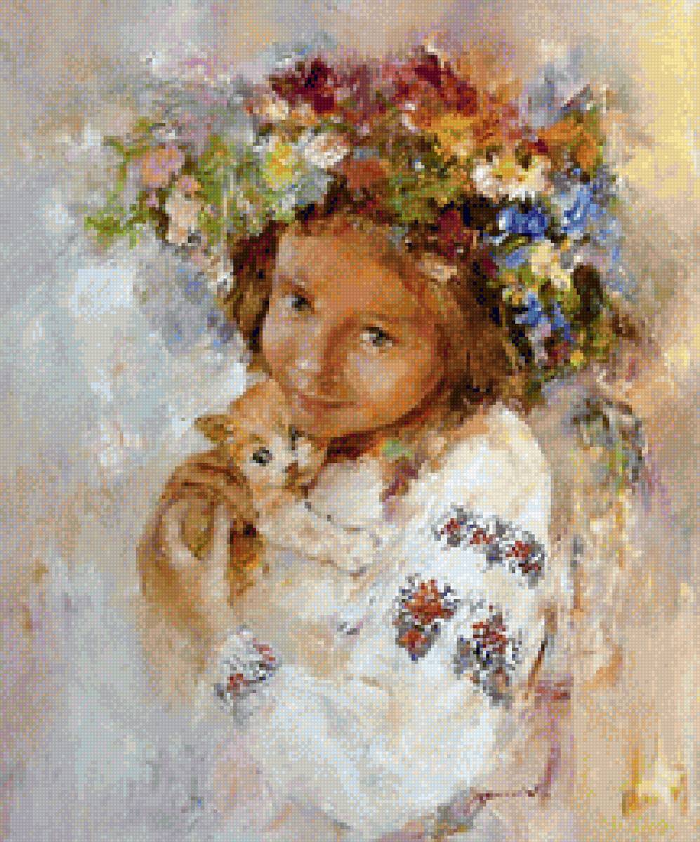 Тихое утро - цветы, девочка, котенок - предпросмотр