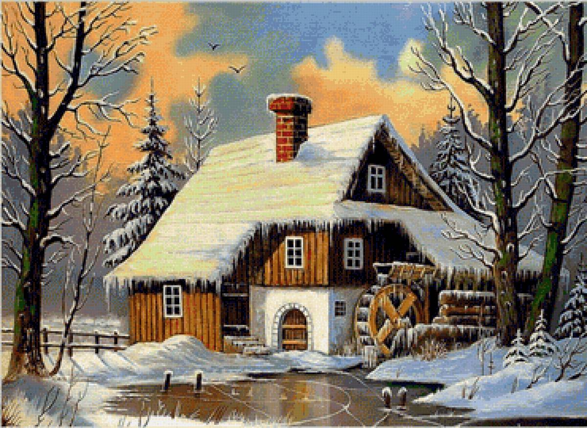 Зимний пейзаж - зима, пейзаж, мельница, зимний лес - предпросмотр