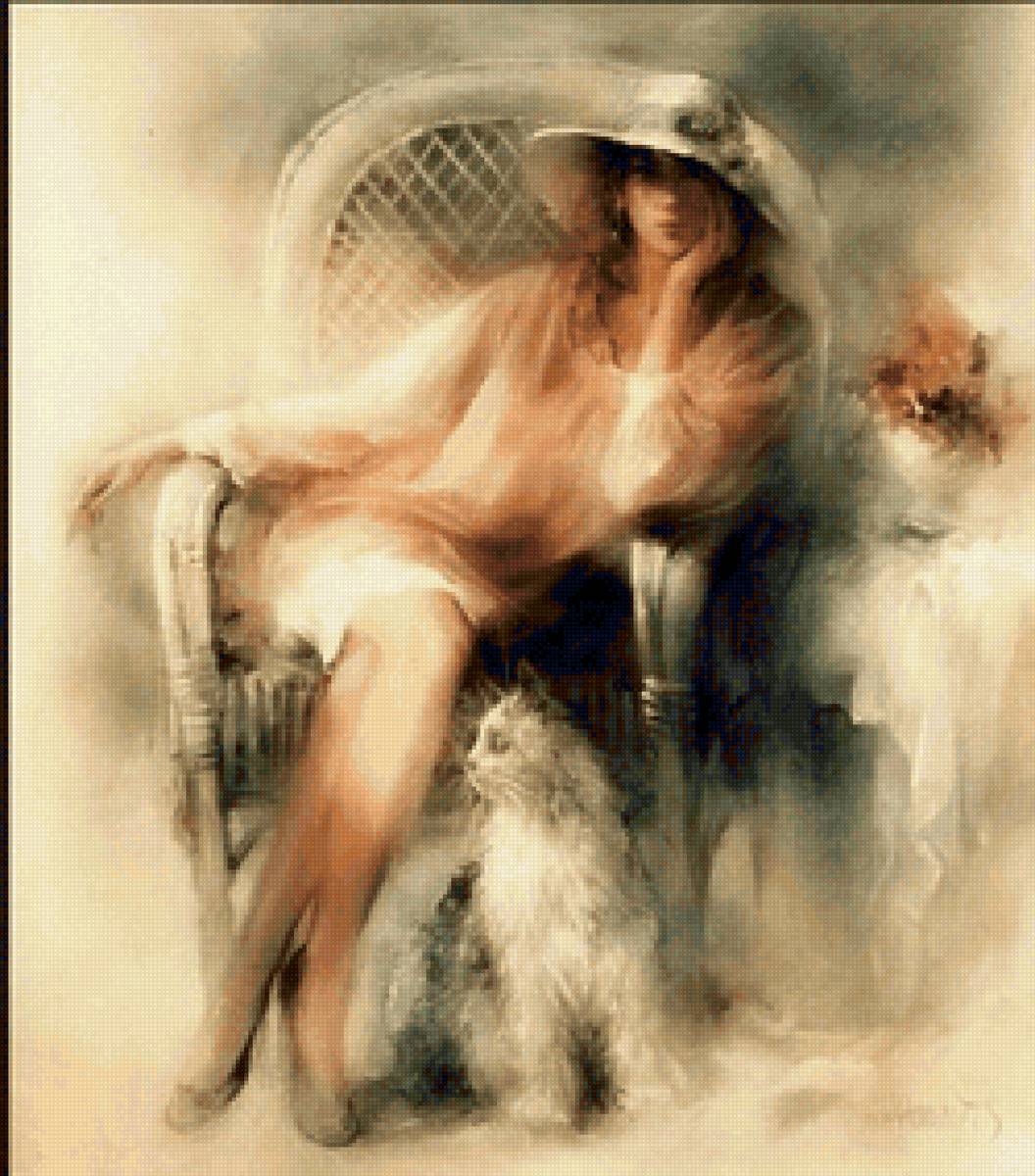 девушка с котиком - акварель - предпросмотр