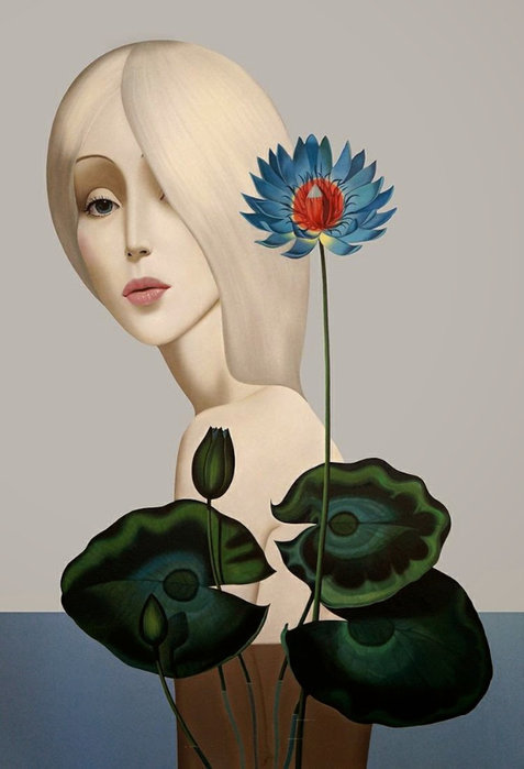 Девушка с лотосом - девушка, лотос, портрет, цветы, женщина, лицо - оригинал