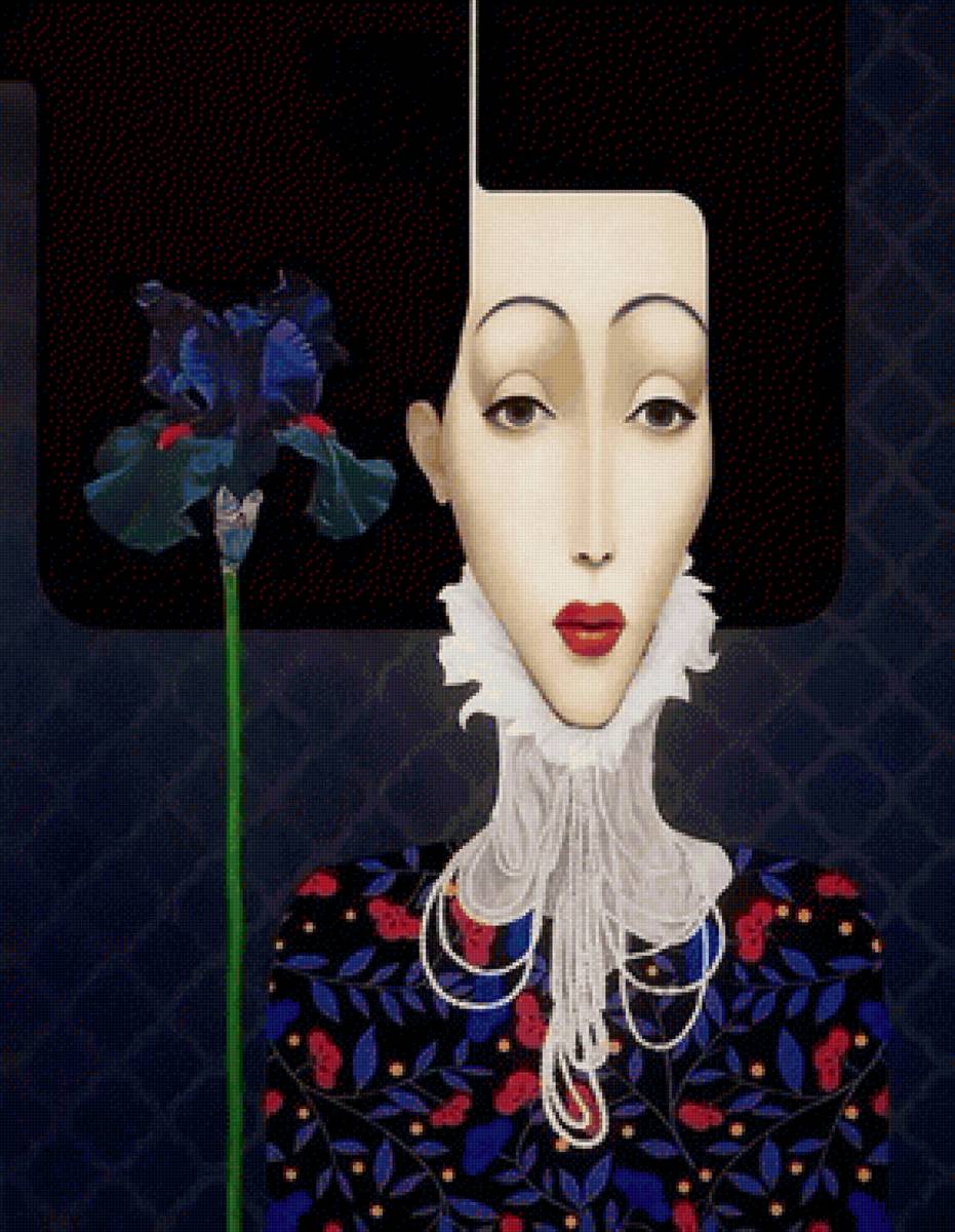 Девушка с ирисом - портрет, лицо, женщина, цветы, девушка - предпросмотр