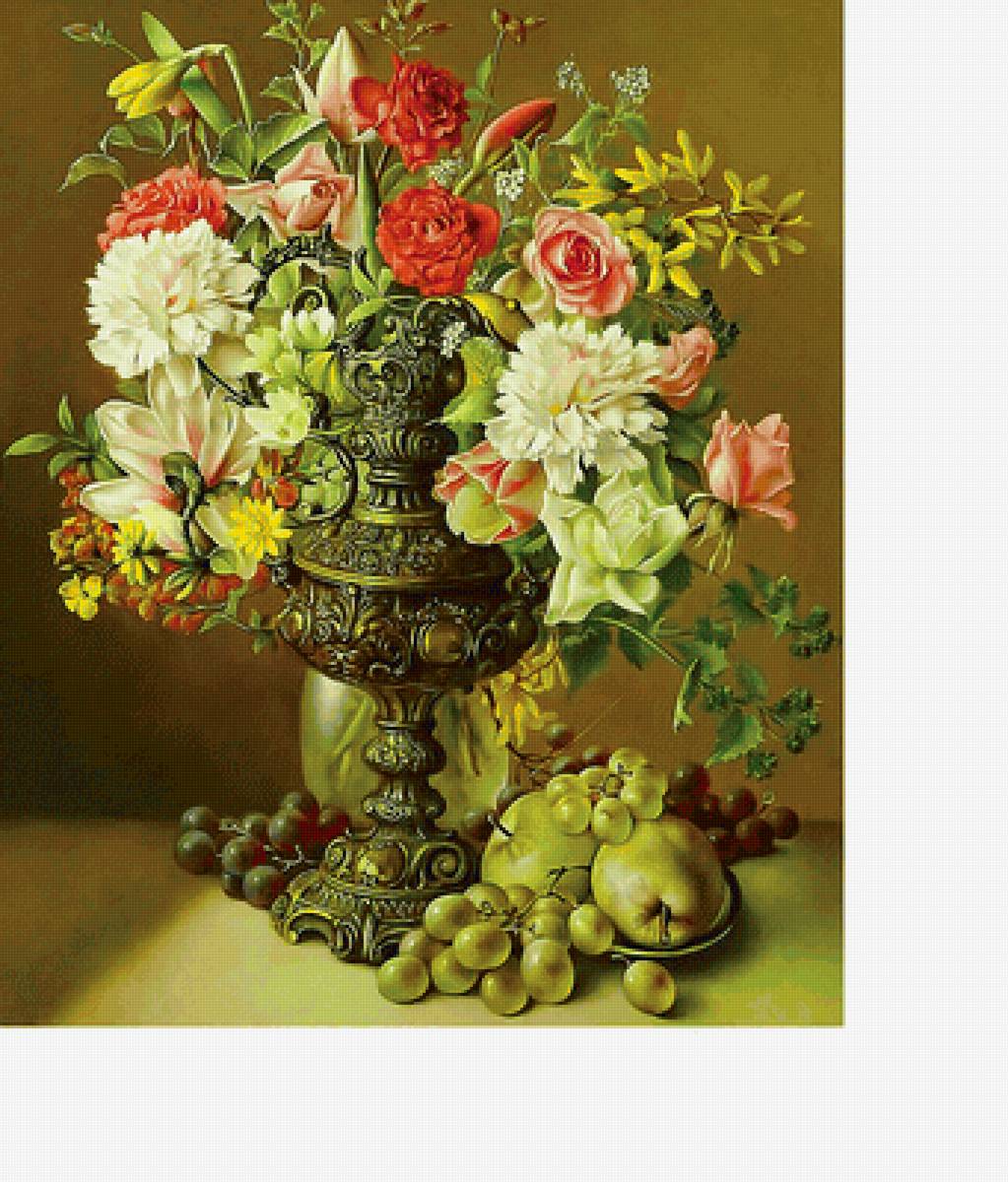 Натюрморт - цветы в вазе, виноград, цветы, фрукты - предпросмотр
