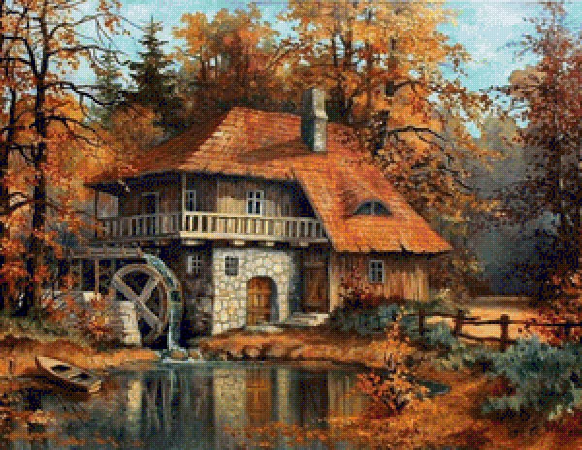 Осень. Домик с водяной мельницей - осень дом домик водяная мельница озеро лодка голубое небо - предпросмотр