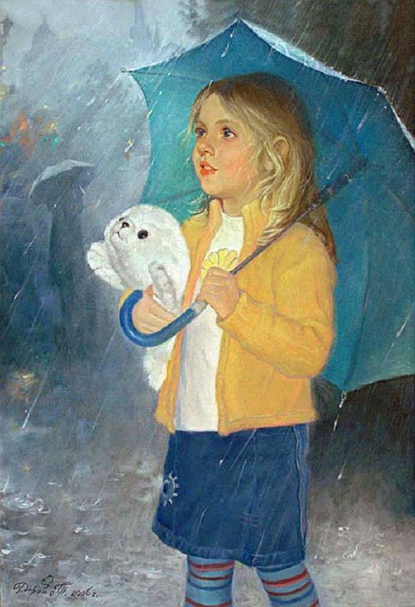 Под зонтом - под дождем, ребенок, зонт, дождь - оригинал