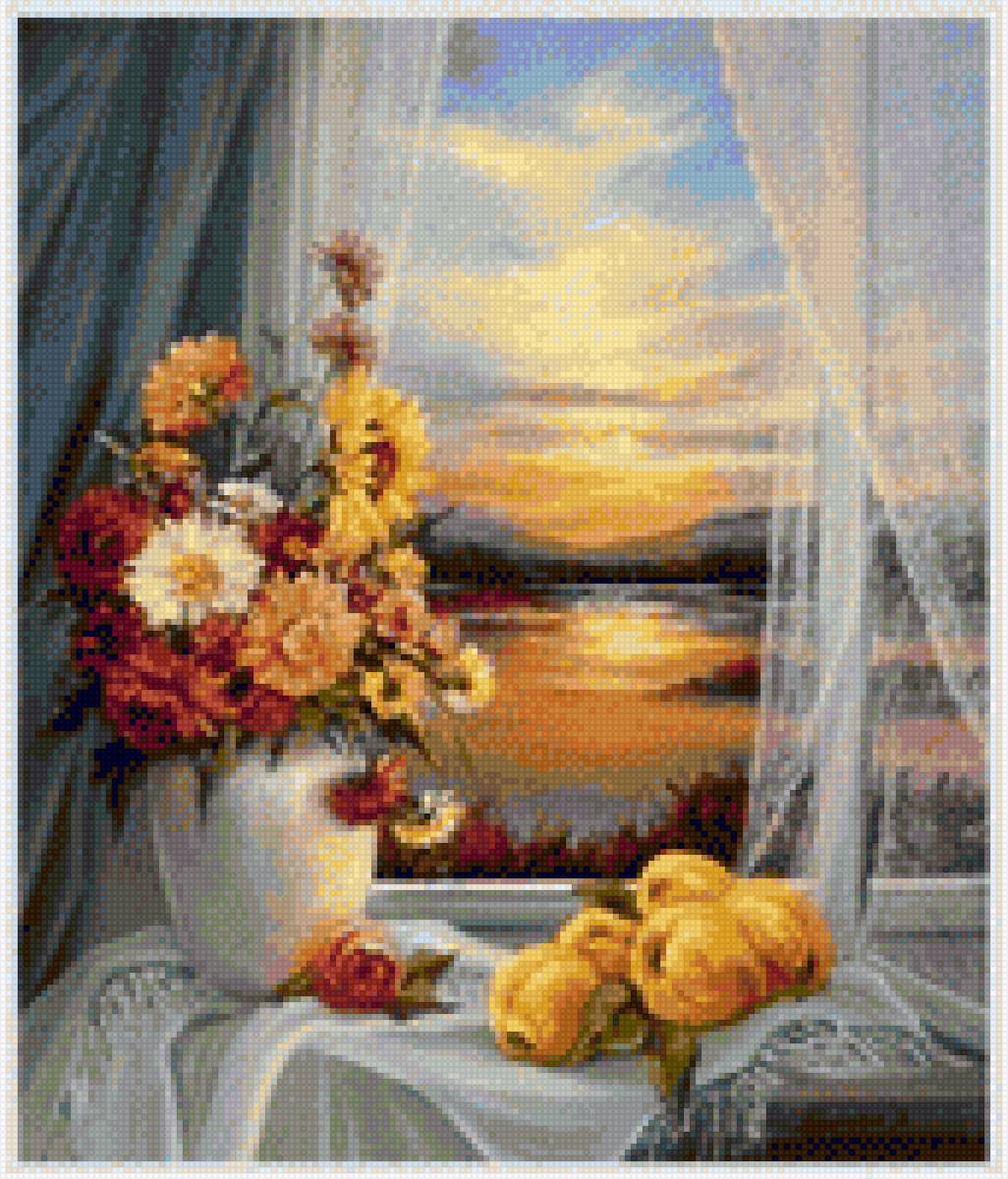 Вид из окна - цветы вечер осень - предпросмотр