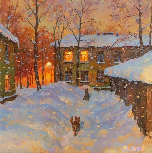 Не спится - ночь, художник дмитрий левин, зима, собаки, улица - оригинал