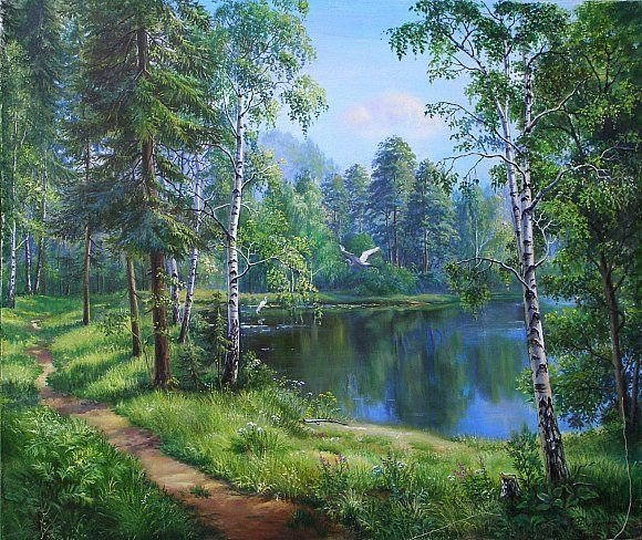 Лесное озеро - лес.березы.озеро.птицы.природа - оригинал