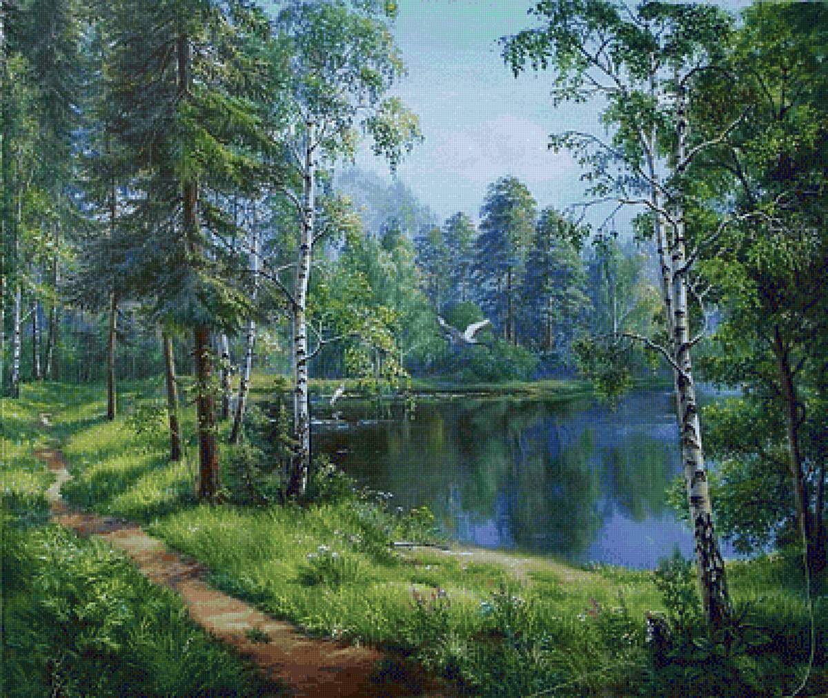 Лесное озеро - лес.березы.озеро.птицы.природа - предпросмотр