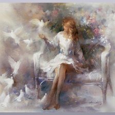 Схема вышивки «Girl with doves»