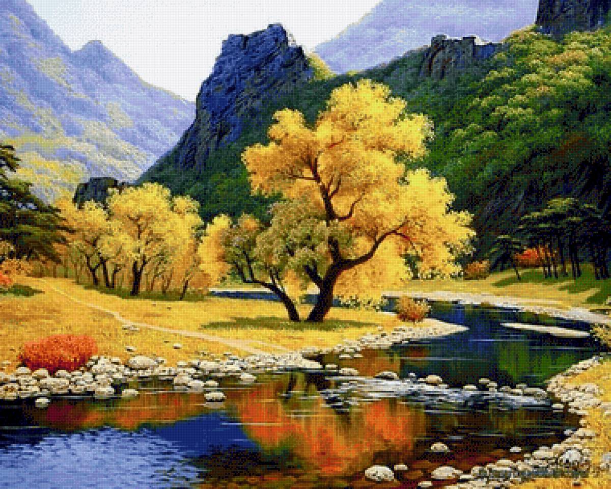 природа - река, лес, осень, горы - предпросмотр