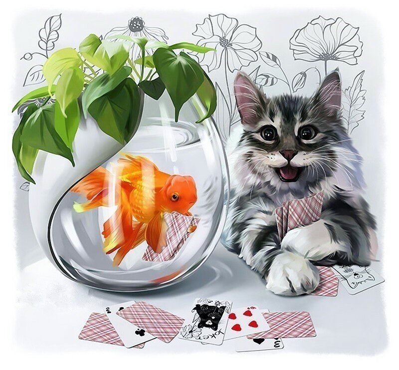 Игра в карты - карты, кот, аквариум, рыбка - оригинал
