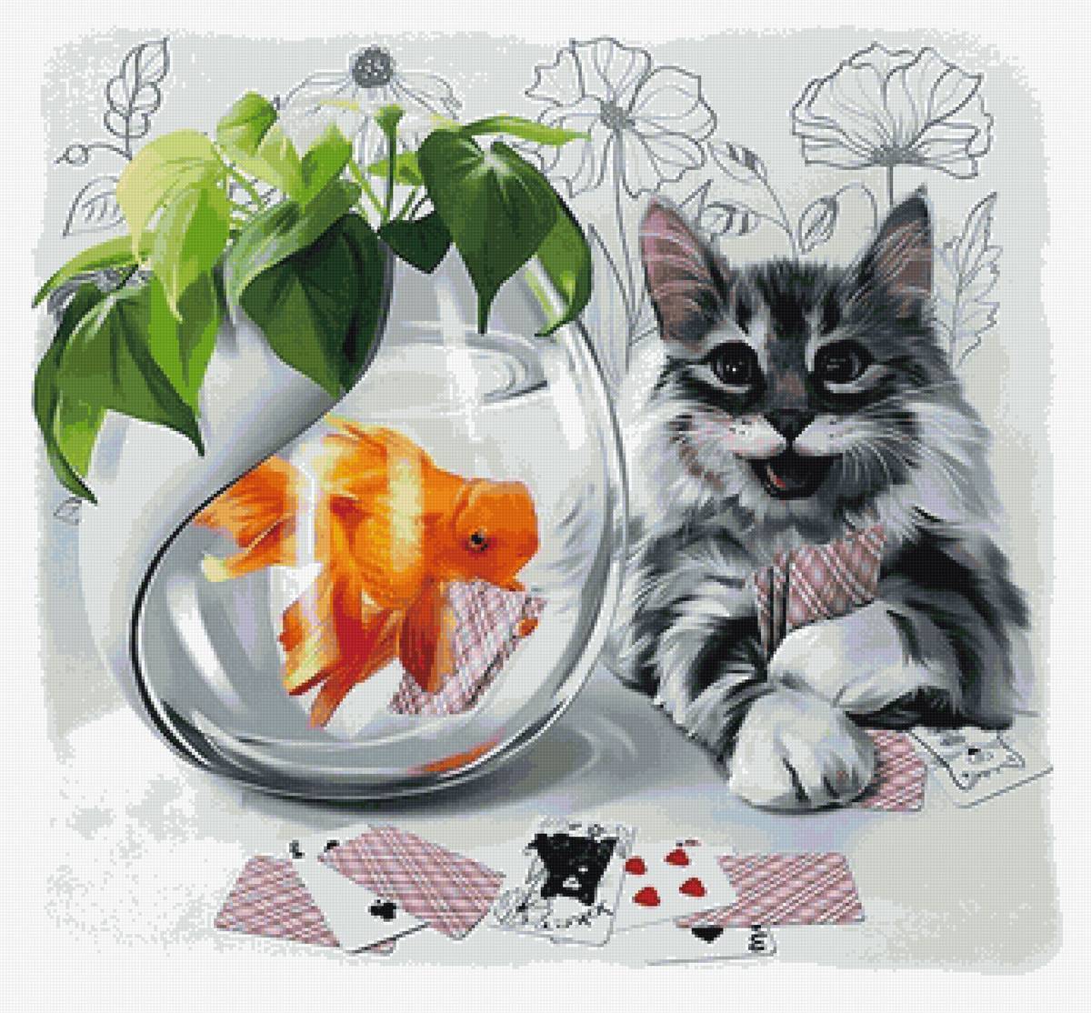 Игра в карты - рыбка, кот, карты, аквариум - предпросмотр