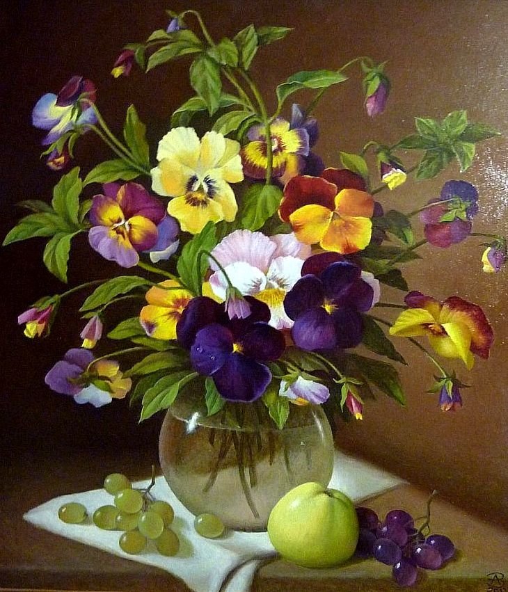 Arranjo,de mesa. - flores. uvas, amor perfeito - оригинал