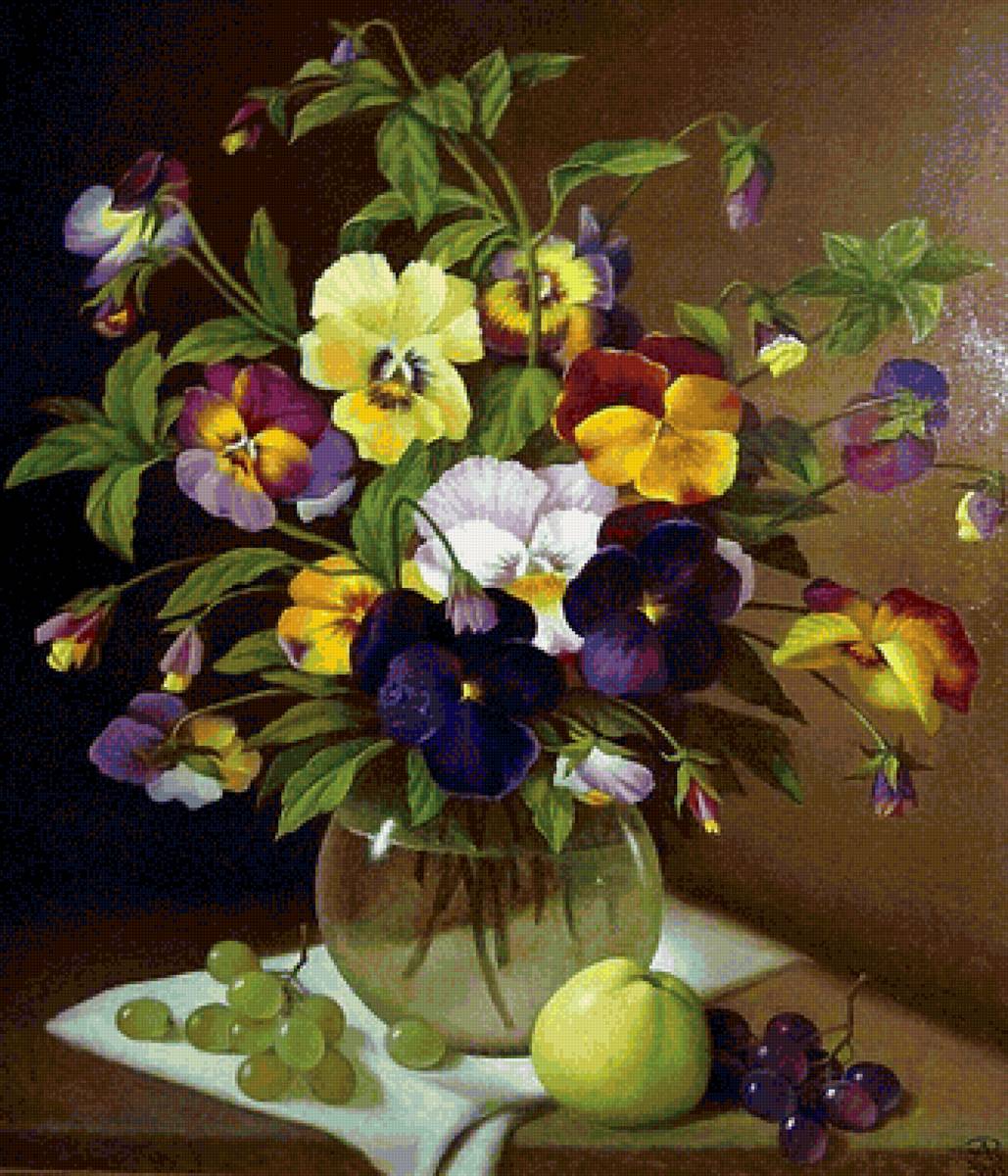 Arranjo,de mesa. - flores. uvas, amor perfeito - предпросмотр