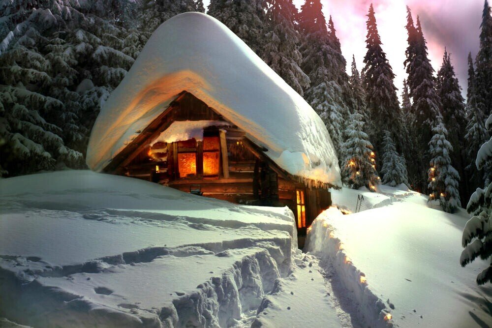 Домик в горах - горы, снег, вечер, домик, лес, зима - оригинал