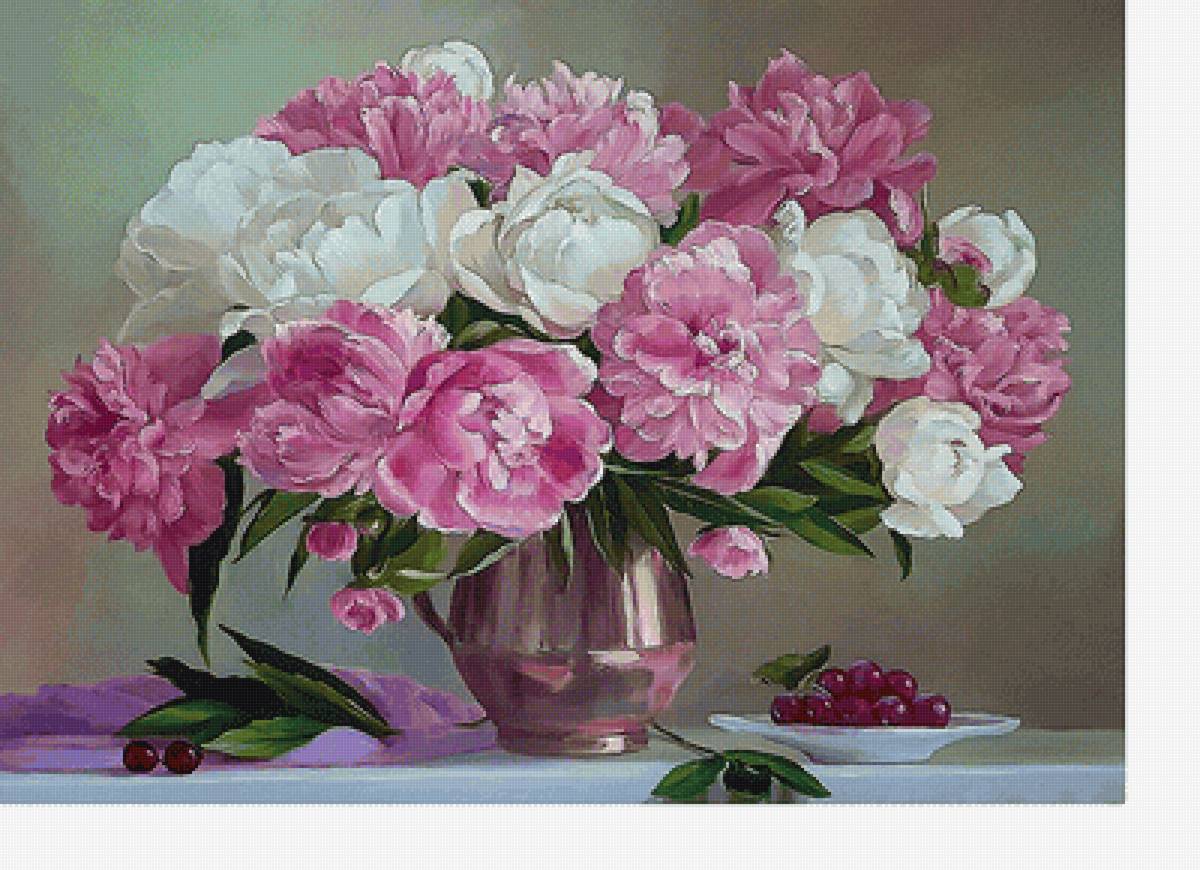 Натюрморт - цветы в вазе, вишенки, цветы, пионы - предпросмотр