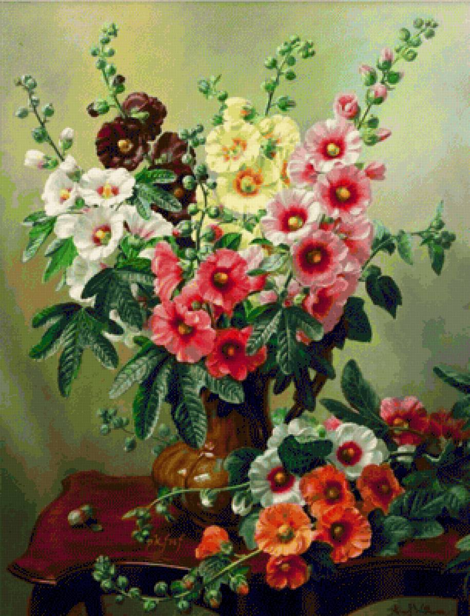 Мальва в вазе - натюрморт, мальва, цветы - предпросмотр