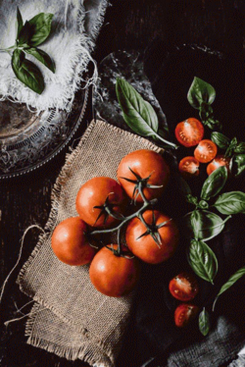 Томаты - красный, еда, томаты, ткань, натюрморт, зелень, зеленый - предпросмотр