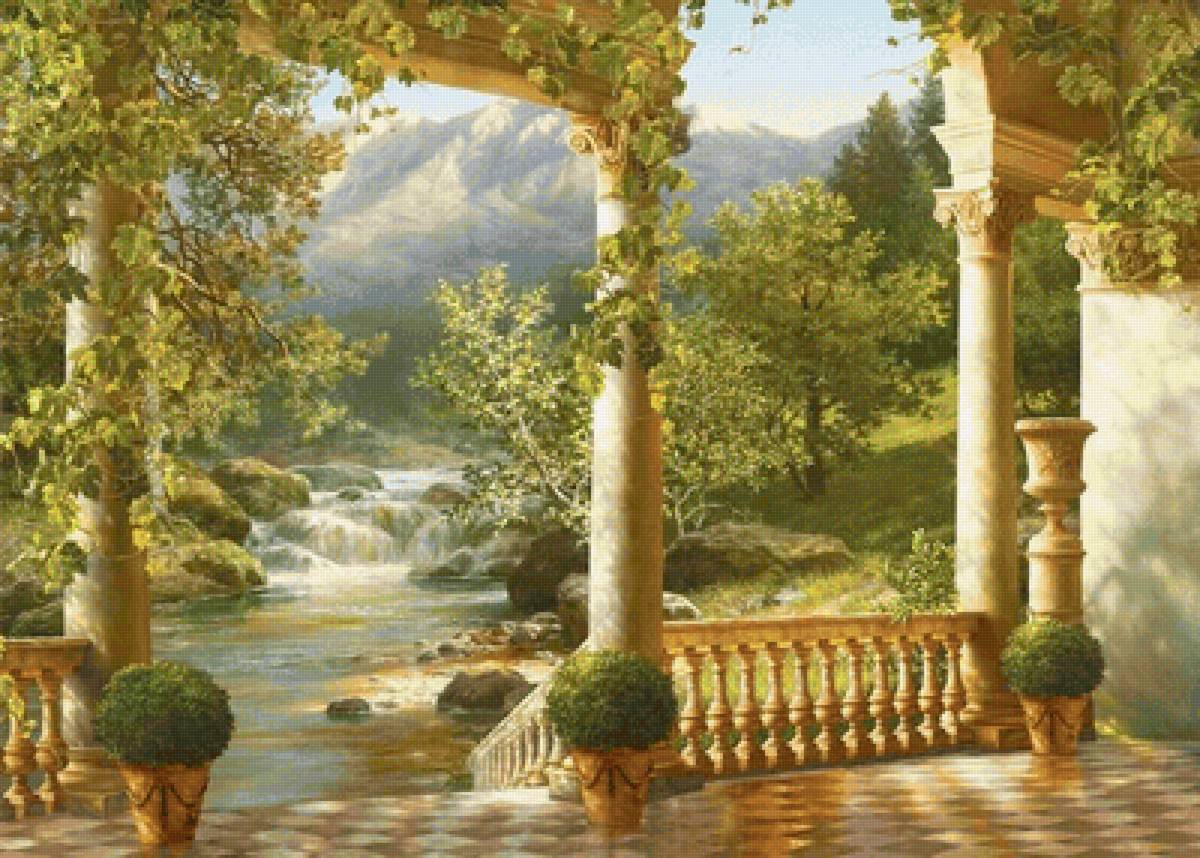 Лоза винограда на колоннах - колонна, горы, ручей, лоза винограда - предпросмотр