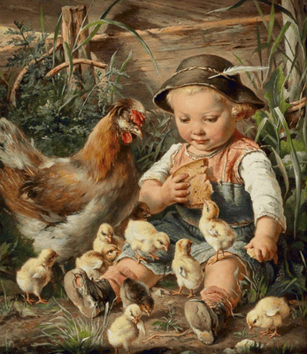 Роза Швенингер (Rosa Schweninger). Кормление цыплят - мальчик, жанровая живопись, курица, цыпленок - предпросмотр