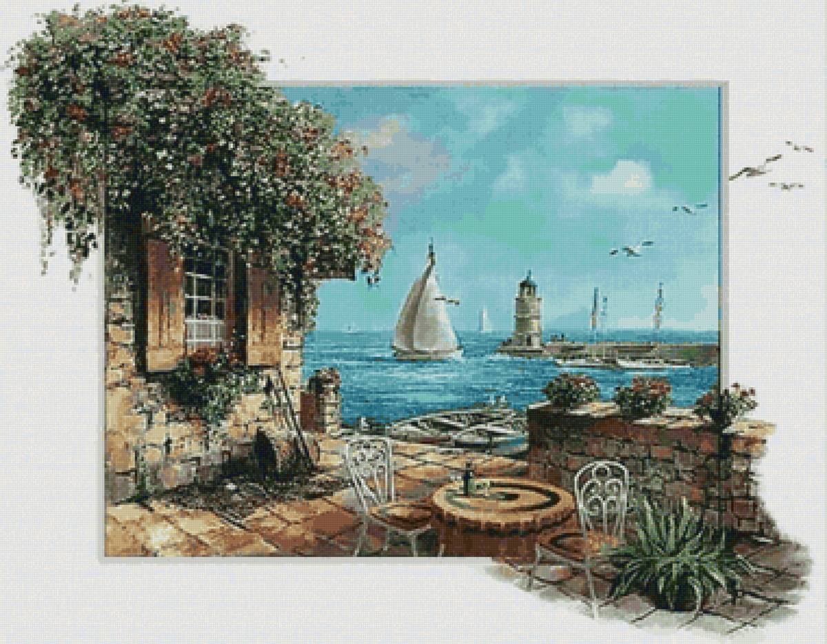 Пристань у кафешки - море, вода, парус, столик, кафе - предпросмотр