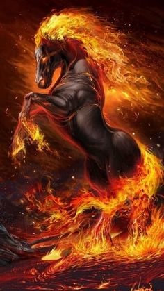 огонь - лошади, кони, живопись, огонь, природа, настроение, лошадь - оригинал