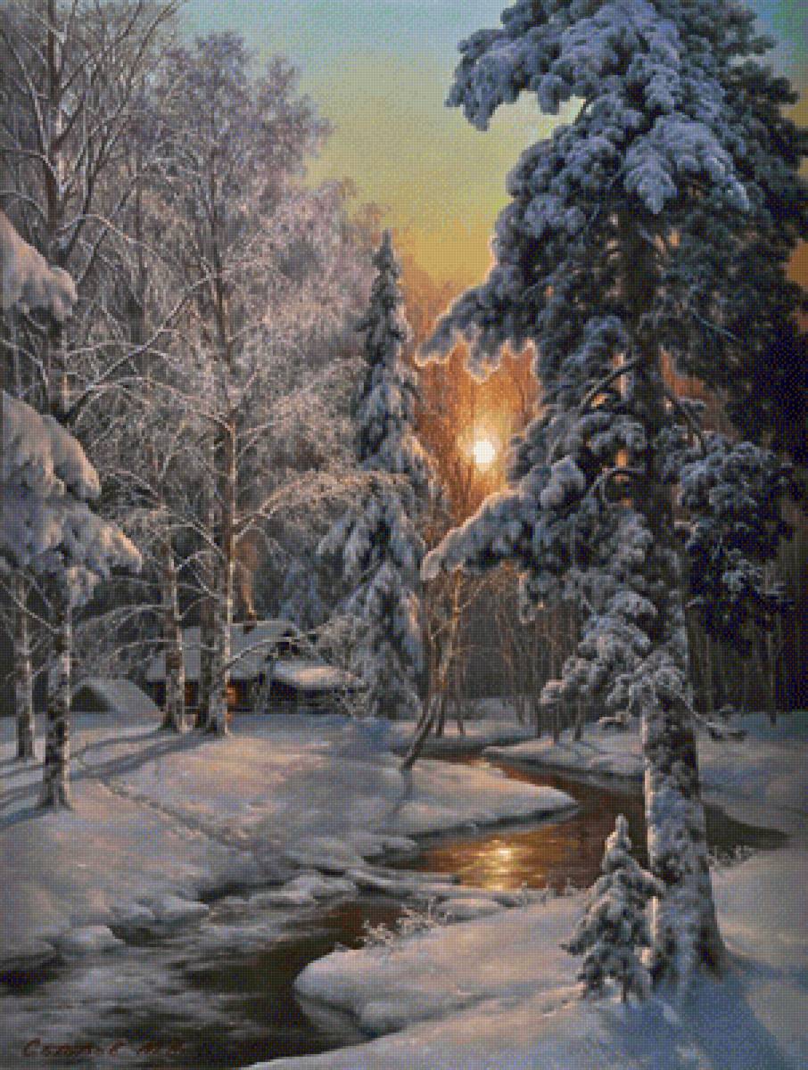 Домик в зимнем лесу - домик, закат, река, лес, снег, зима, деревья - предпросмотр