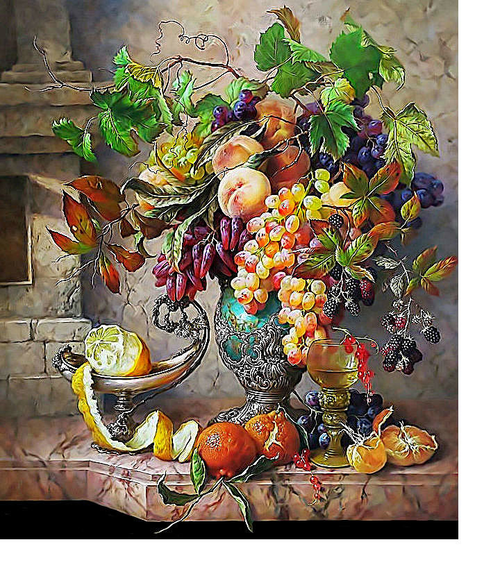 Натюрморт - виноград, персики, фрукты, ваза - оригинал